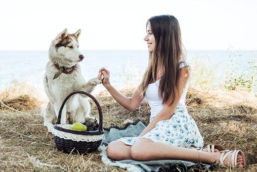 Young woman holding Red Siberian husky